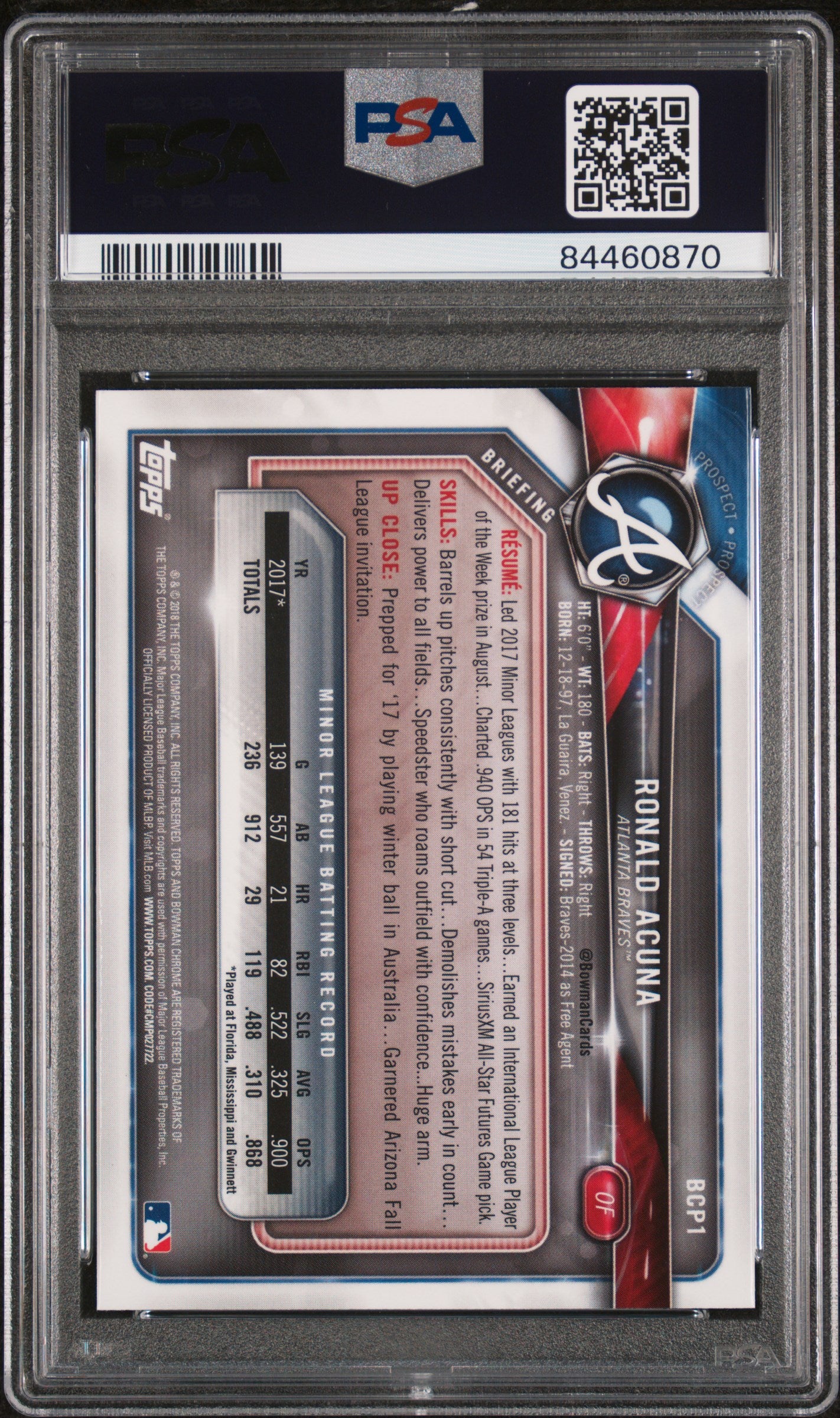 2018 Bowman Mega Box Chrome Prospect Ronald Acuna Jr. #BCP1 PSA 9