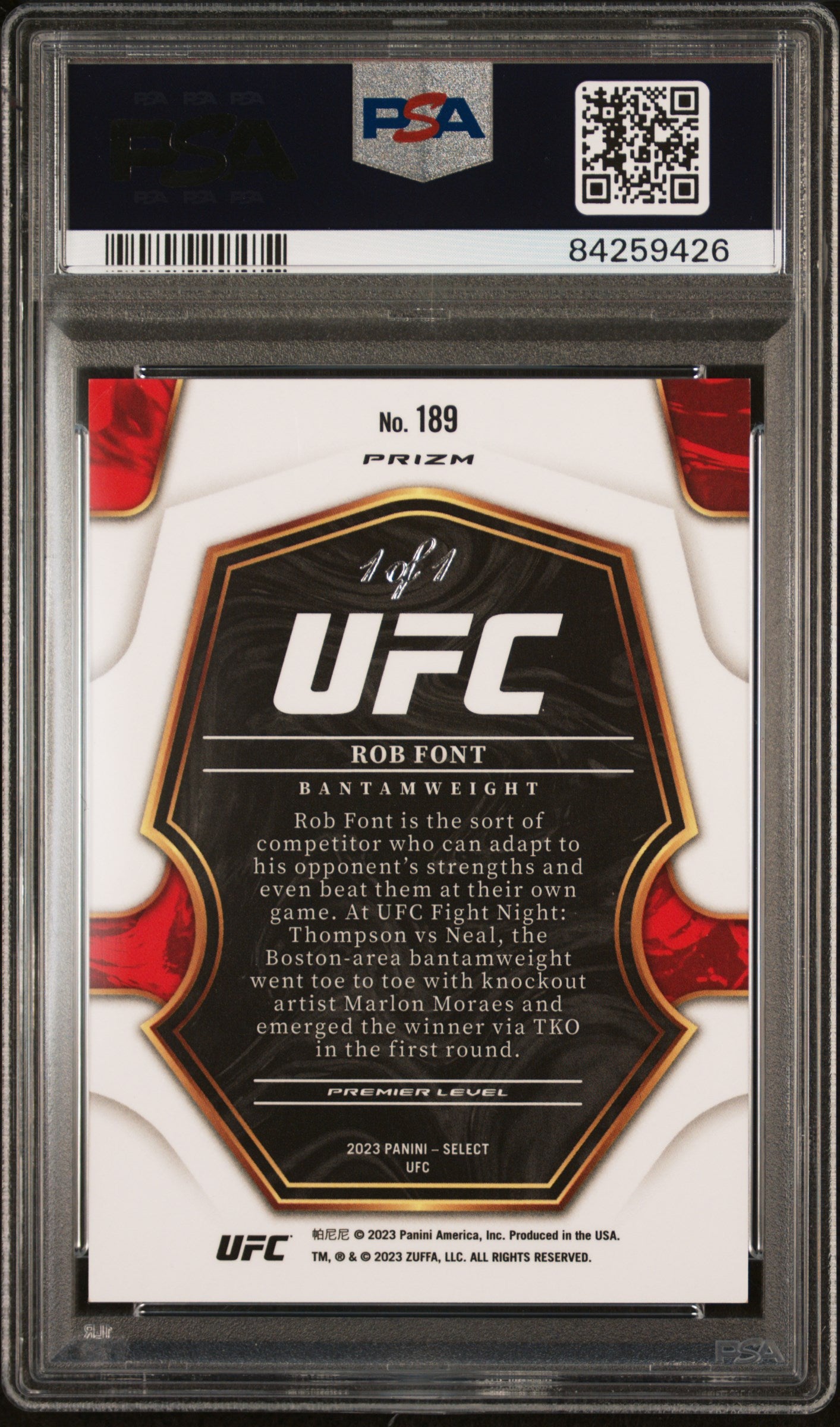 2023 Panini Select UFC #189 Rob Font Black 1/1 PSA 9