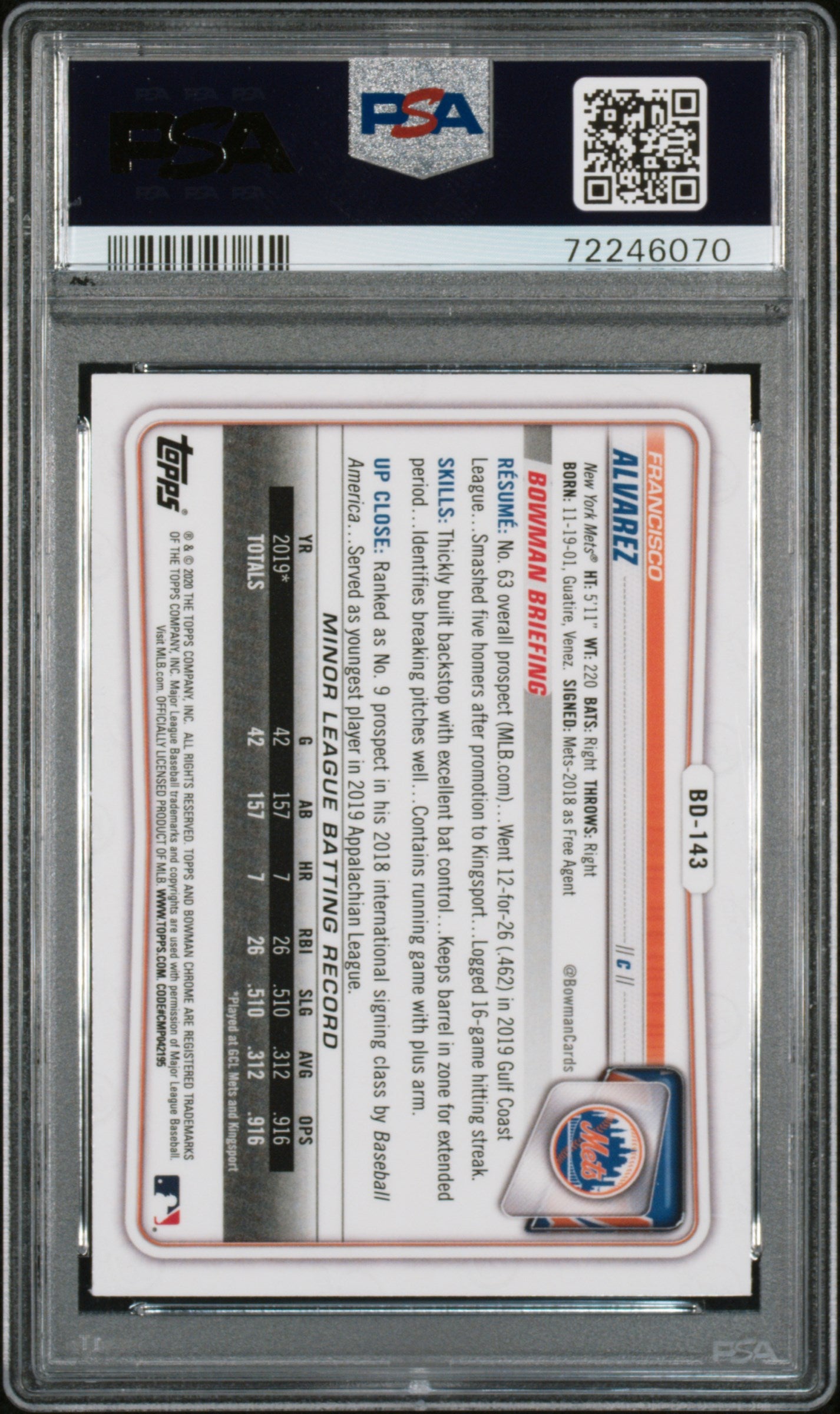 2020 Bowman Chrome Draft Sky Blue Refractor Francisco Alvarez PSA 10