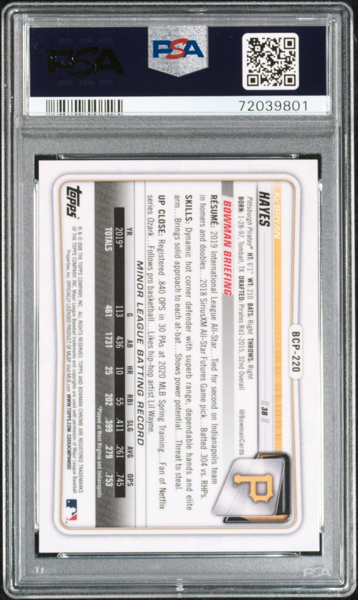 2020 Bowman Chrome Mega Box Pink Ke'Bryan Hayes #BCP220 /199 PSA 10