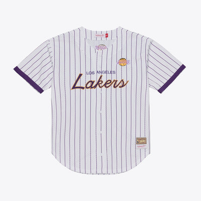 Mitchell & Ness Los Angeles Lakers White Head Coach Pinstripe Mesh Full-Button Baseball Jersey