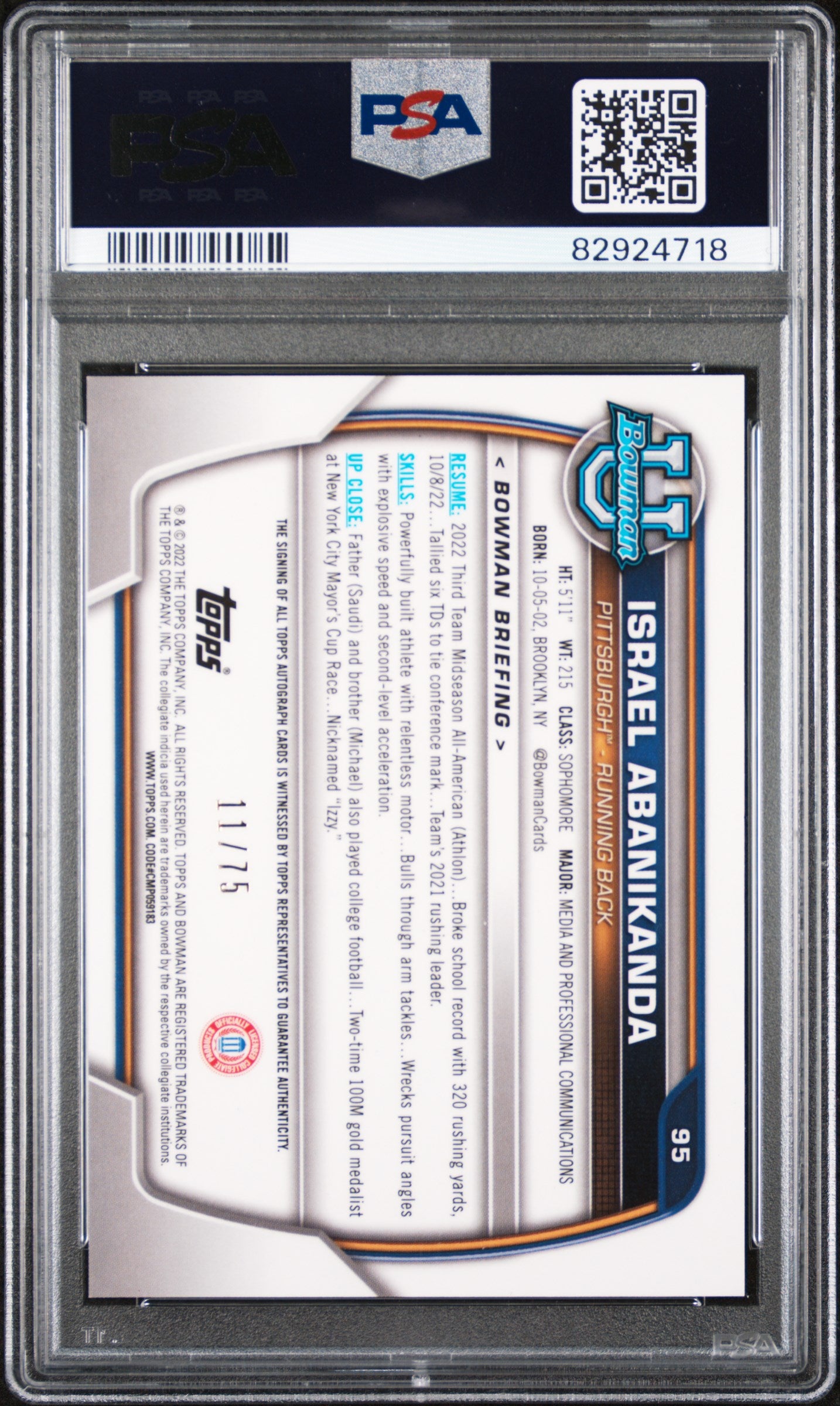 2022 Bowman U Israel Abanikanda Chrome Prospects Auto Yellow Refractor /75 PSA 9