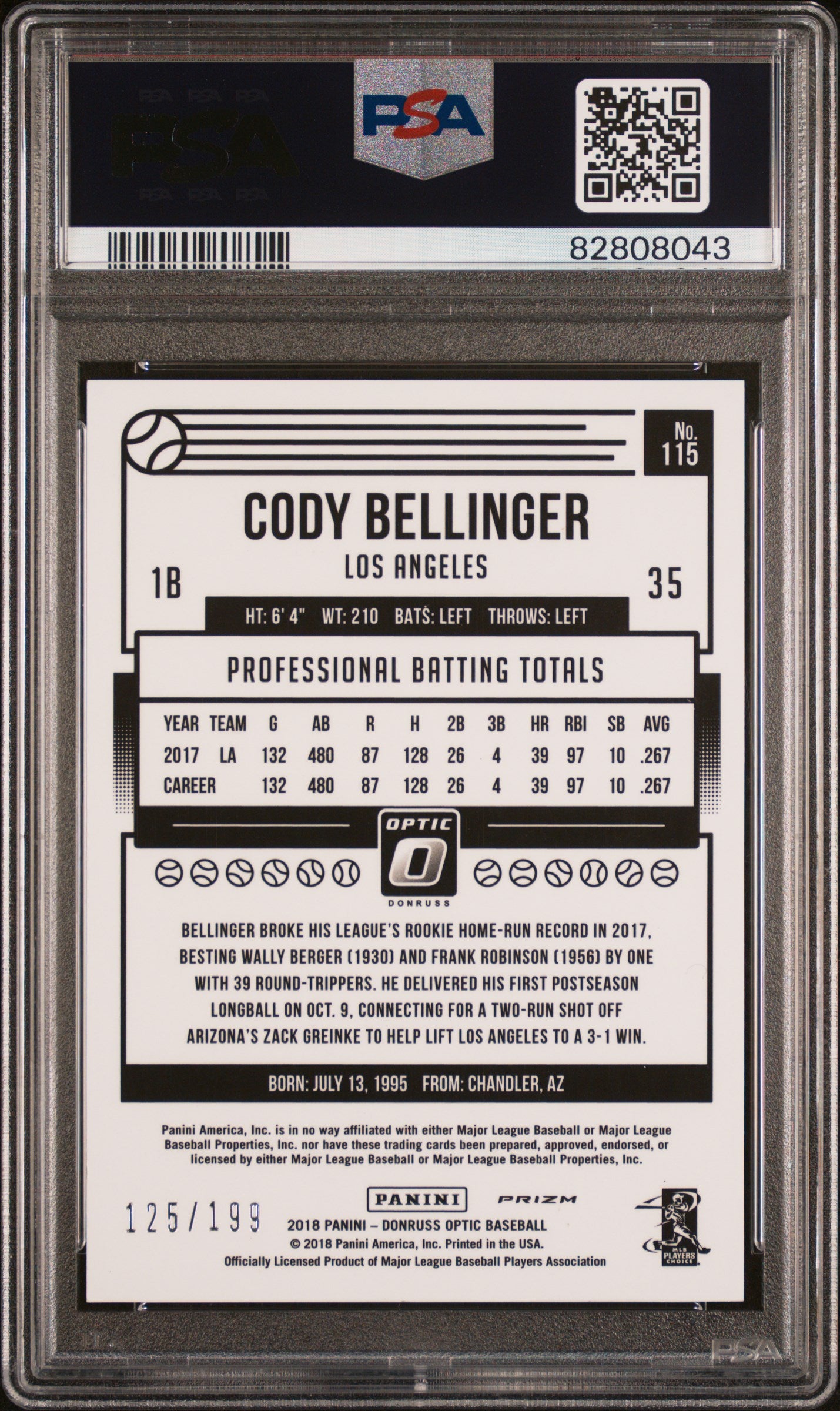 2018 Donruss Optic Orange Cody Bellinger #115 /199 PSA 10