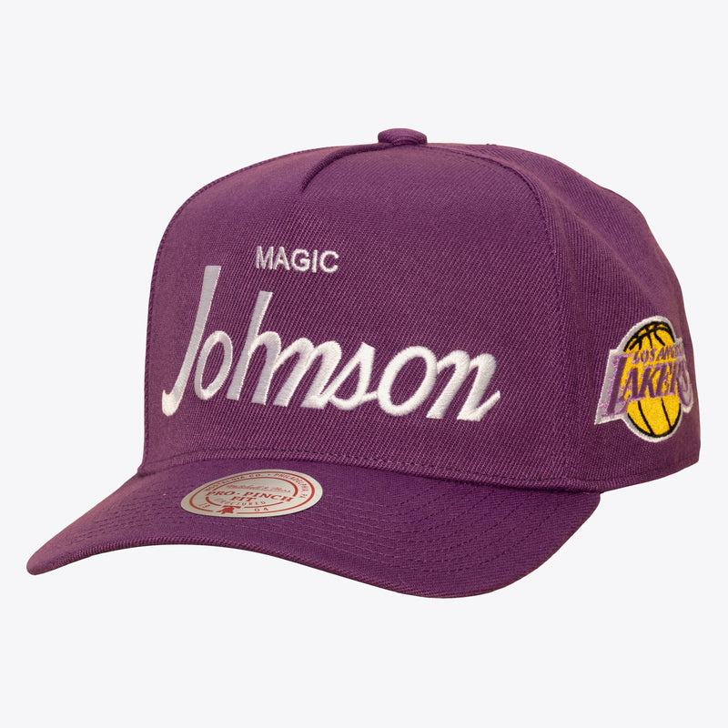 Mitchell & Ness Magic Johnson Los Angeles Lakers Purple Hardwood Classics Player Script Pro Pinch Snapback Hat