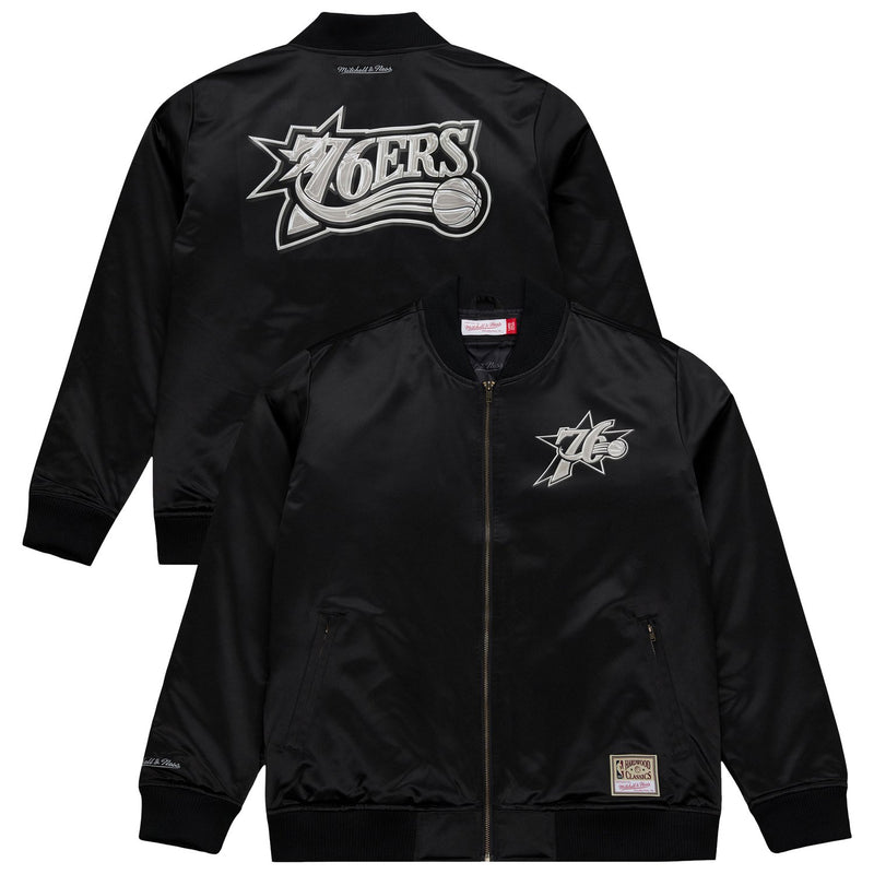 Philadelphia 76ers Mitchell & Ness Chrome Satin Bomber Full-Zip Jacket - Black
