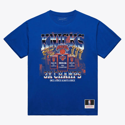 New York Knicks Mitchell & Ness 2026 NBA Finals Champions Banner Raising T-Shirt - Blue