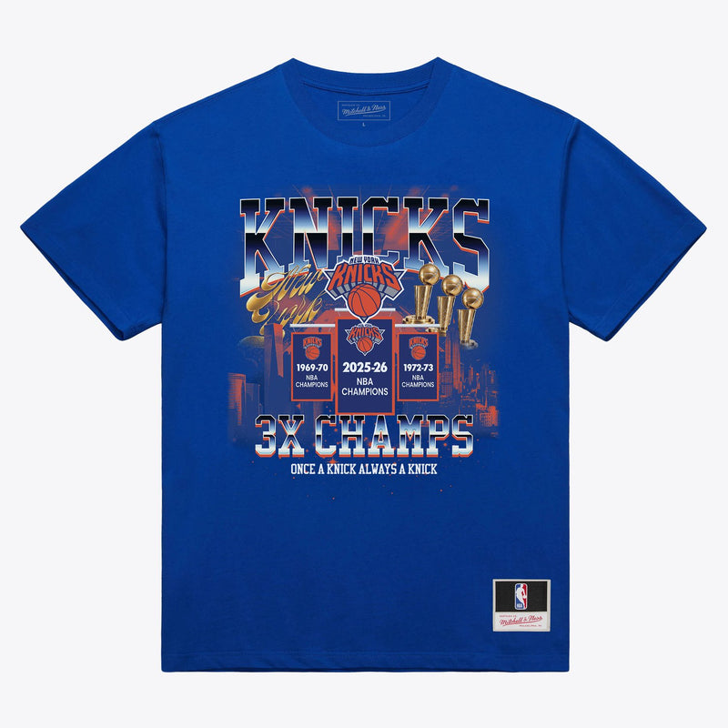 New York Knicks Mitchell & Ness 2026 NBA Finals Champions Banner Raising T-Shirt - Blue
