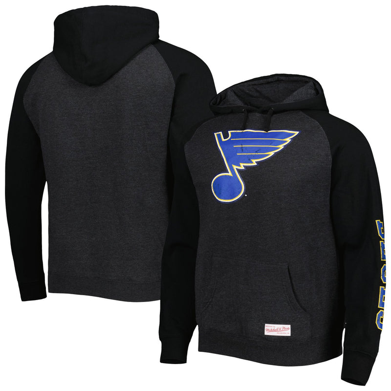 St. Louis Blues Mitchell & Ness Distressed Logo Raglan Pullover Hoodie - Heather Black