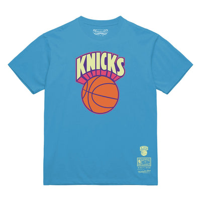New York Knicks Mitchell & Ness Hardwood Classics Arctic Sunset Neon Retro Logo T-Shirt - Light Blue