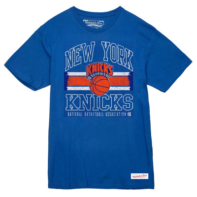 New York Knicks Mitchell & Ness Striped Logo Lockup Premium T-Shirt - Royal