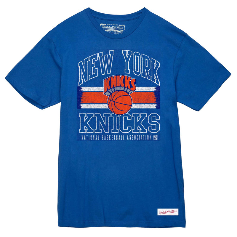 New York Knicks Mitchell & Ness Striped Logo Lockup Premium T-Shirt - Royal