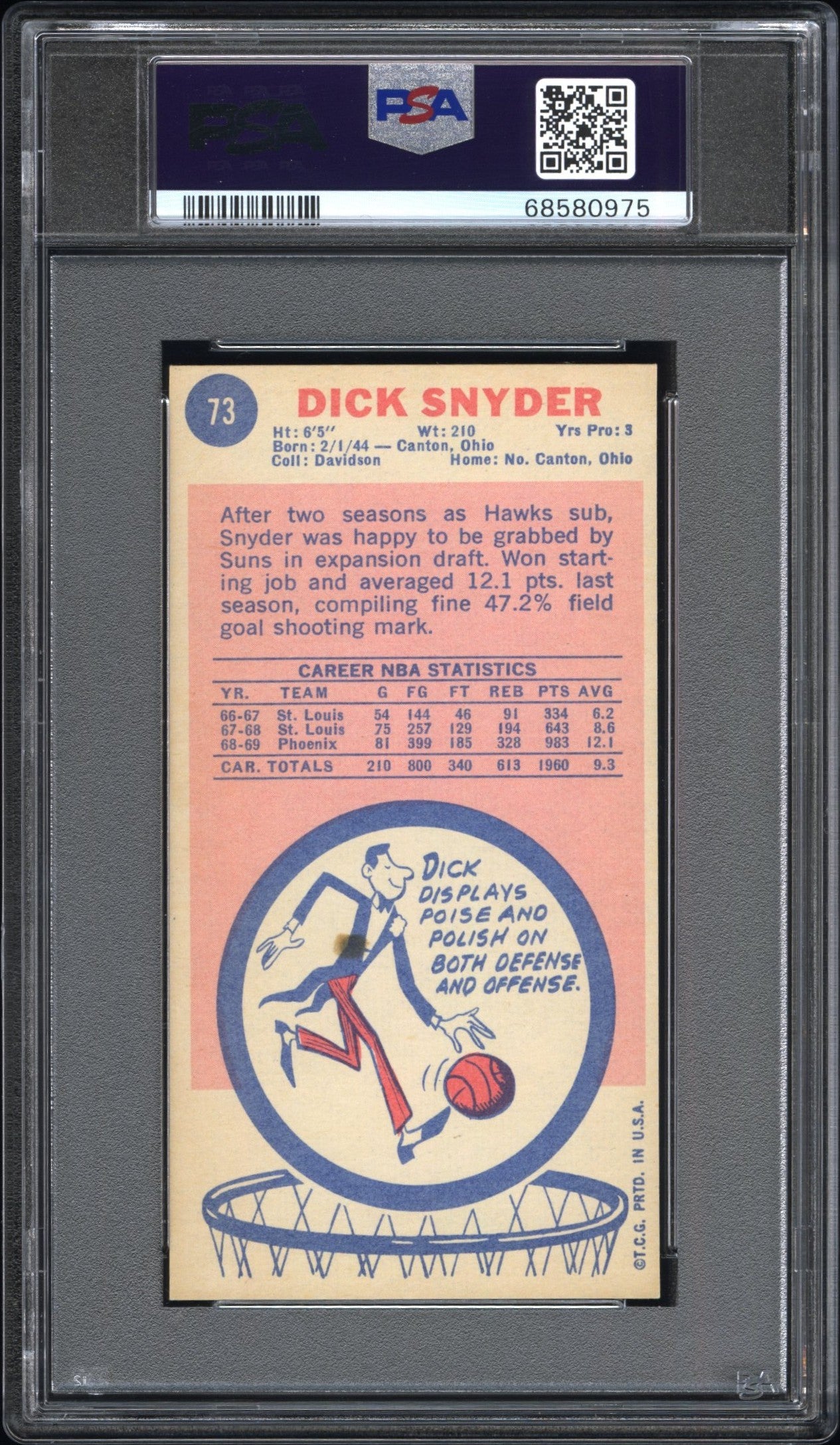 1969 Topps #73 Dick Snyder PSA 8