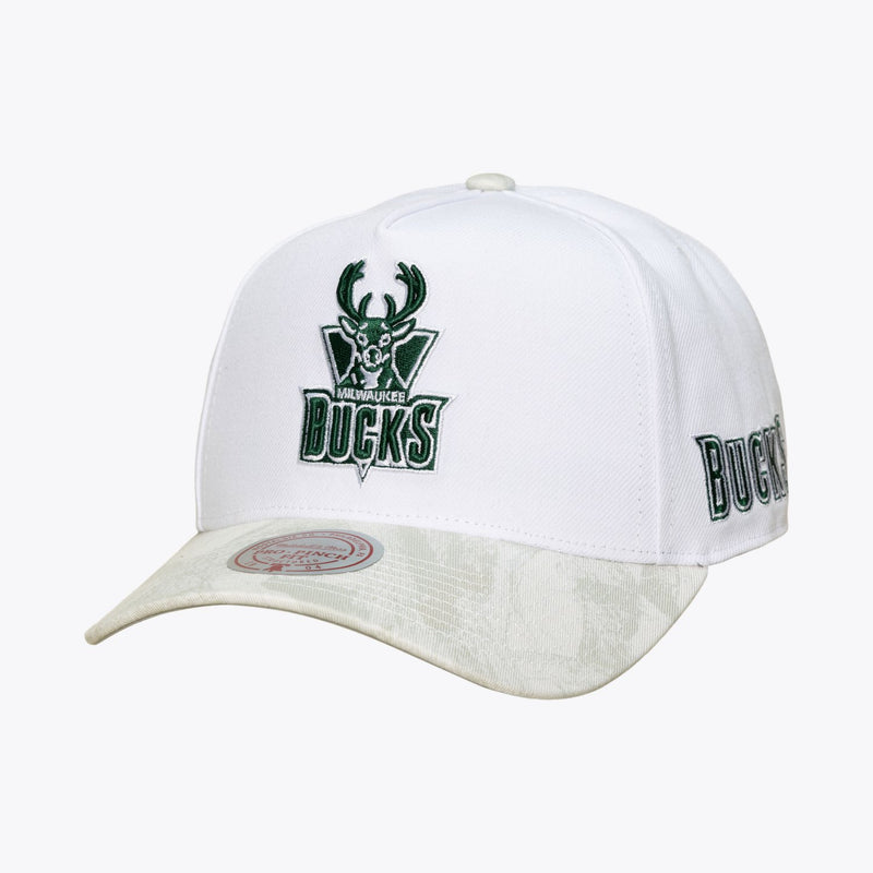 Mitchell & Ness Milwaukee Bucks White Hardwood Classics Ghosted Pro Pinch Snapback Hat