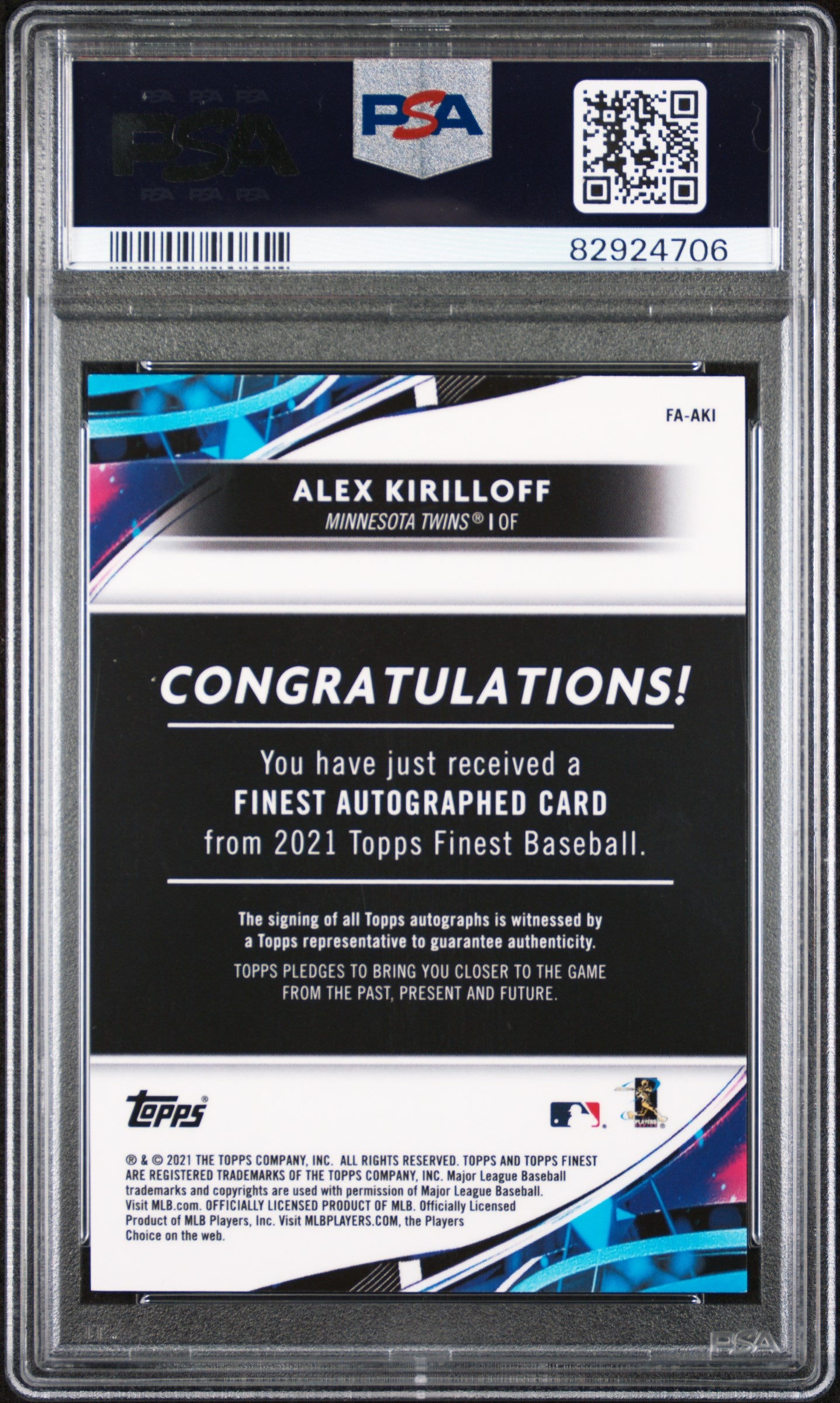 2021 Topps Finest Alex Kirilloff Finest Autographs Blue Refractor /150 PSA 10 RC