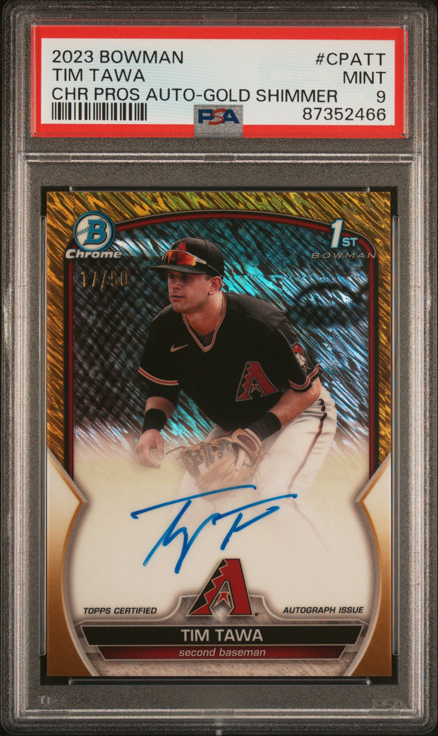 2023 Bowman #CPATT Tim Tawa Chrome Prospect Autograph Gold Shimmer Refractor /50 PSA 9