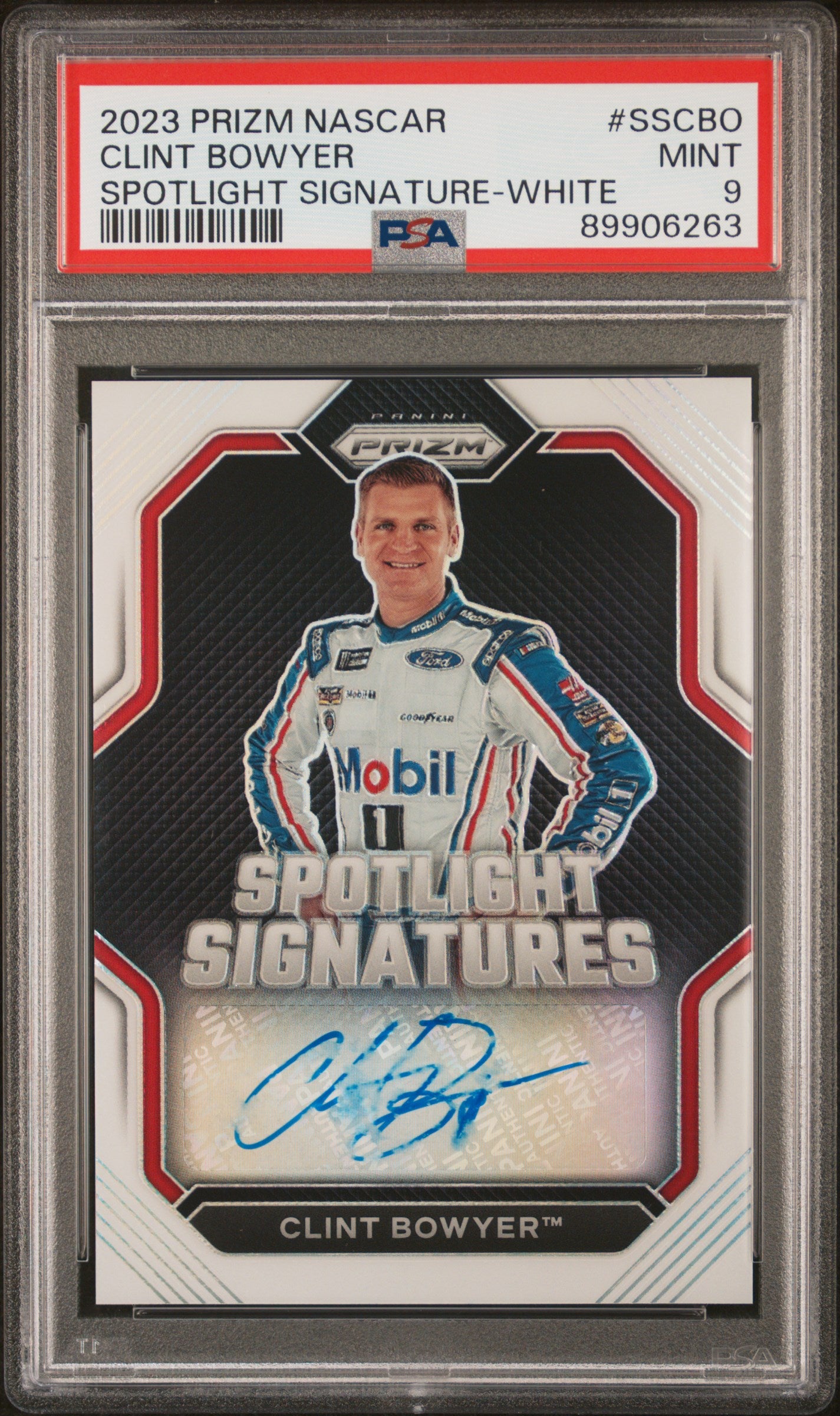 2023 Panini Prizm Nascar Spotlight Signatures #SSCBO Clint Bowyer Spotlight Signature-White PSA 9