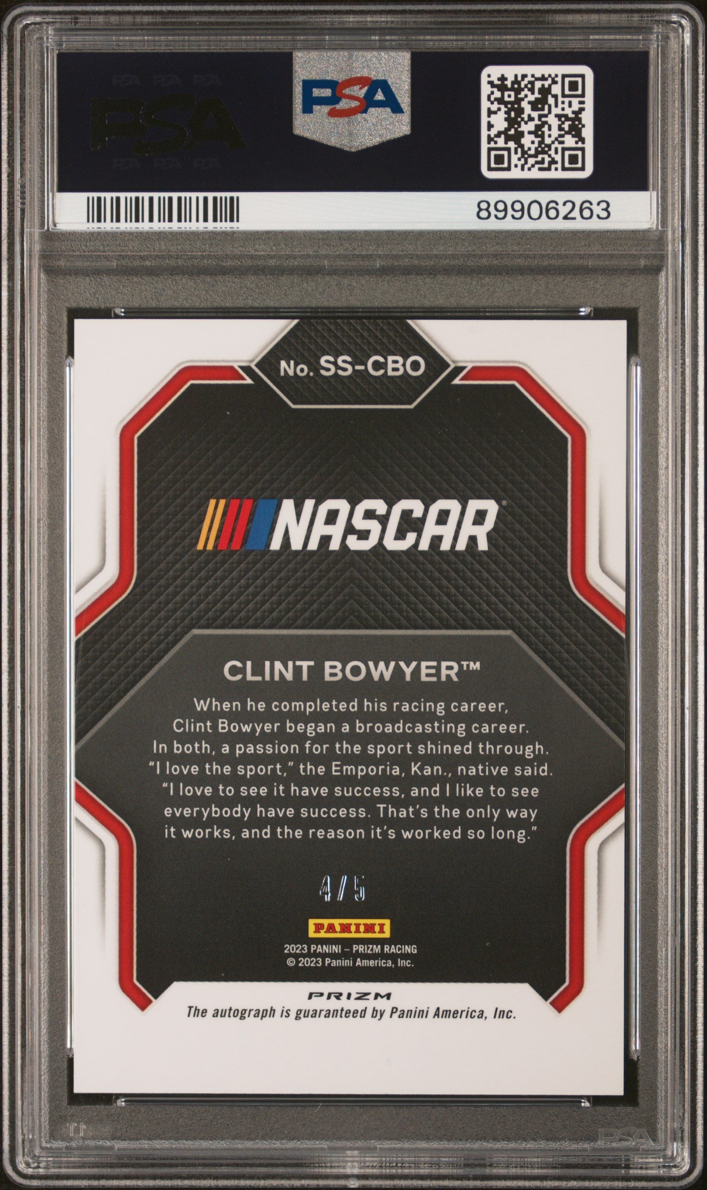 2023 Panini Prizm Nascar Spotlight Signatures #SSCBO Clint Bowyer Spotlight Signature-White PSA 9