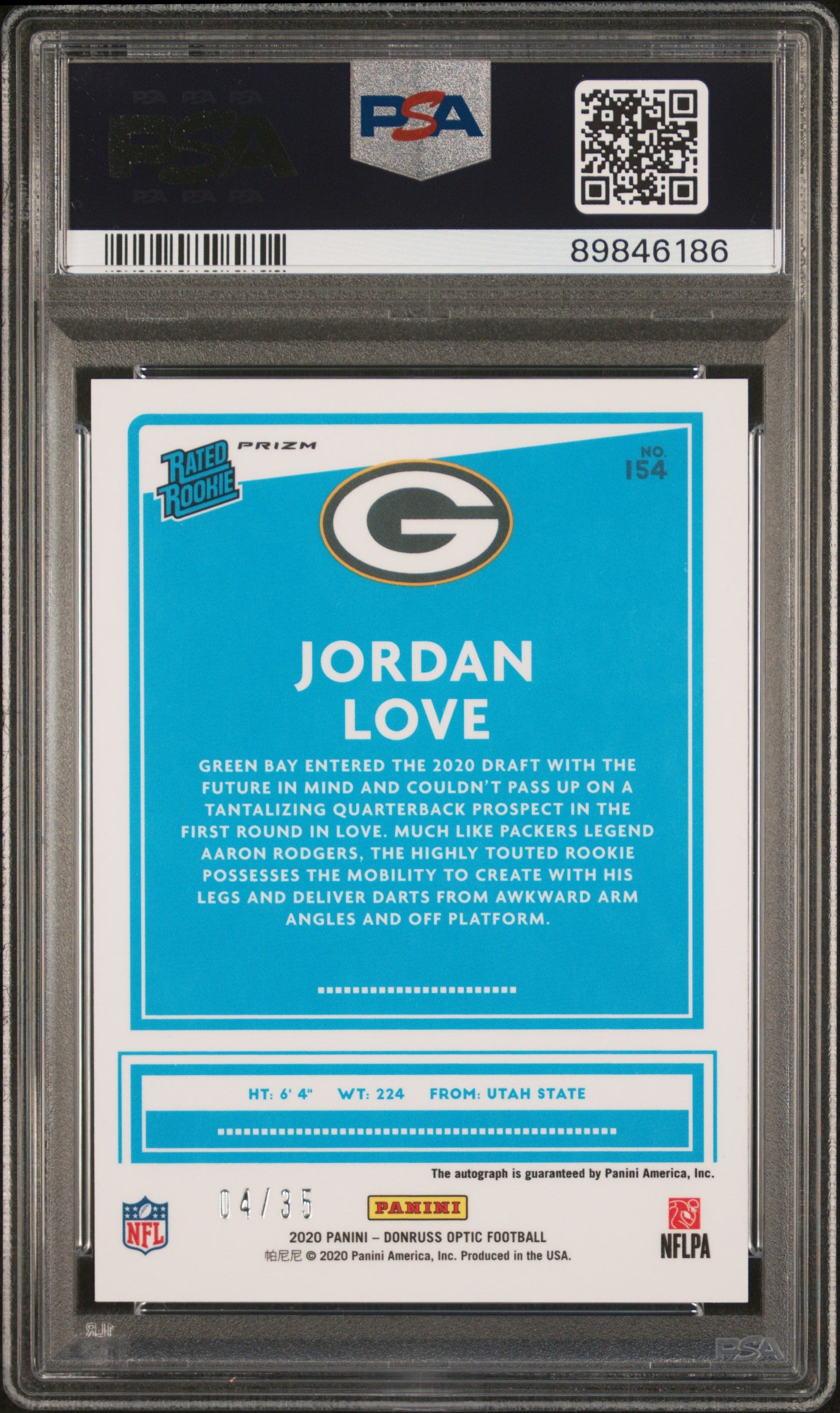 2020 Donruss Optic #154 Jordan Love Rookie Autograph Purple /35 PSA 8