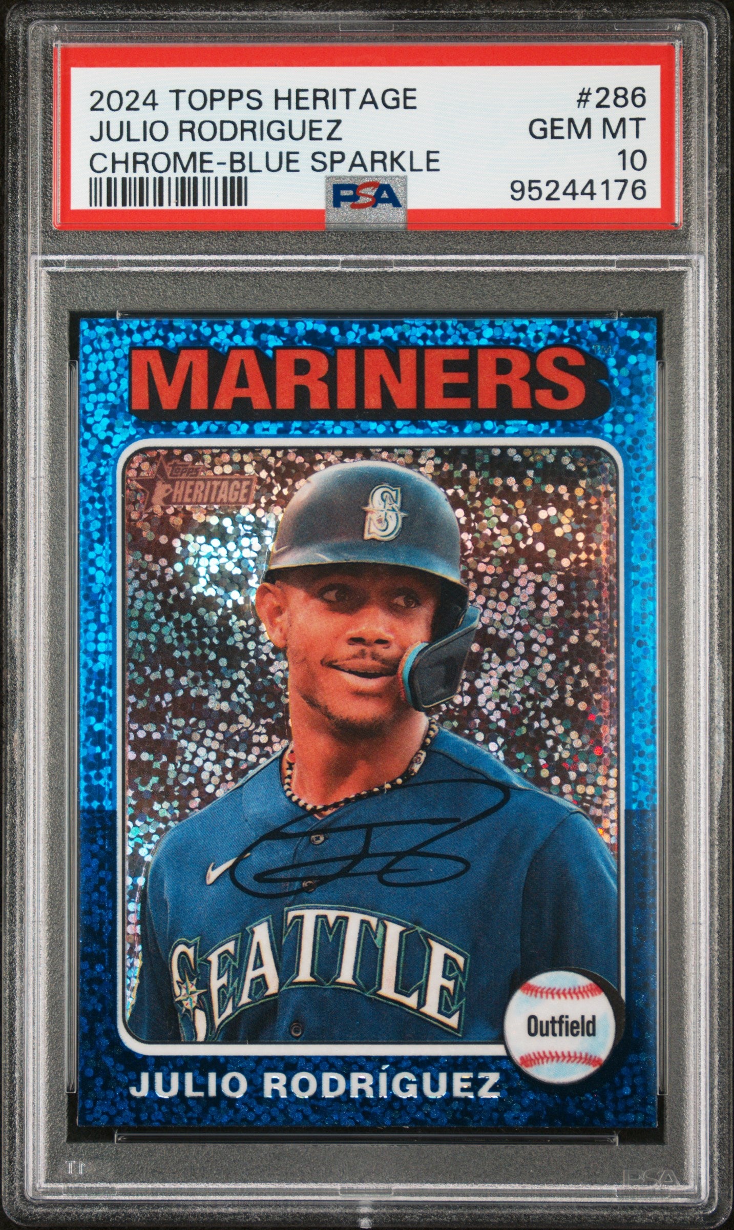 2024 Topps Heritage Chrome-Blue Sparkle Julio Rodriguez #286 PSA 10