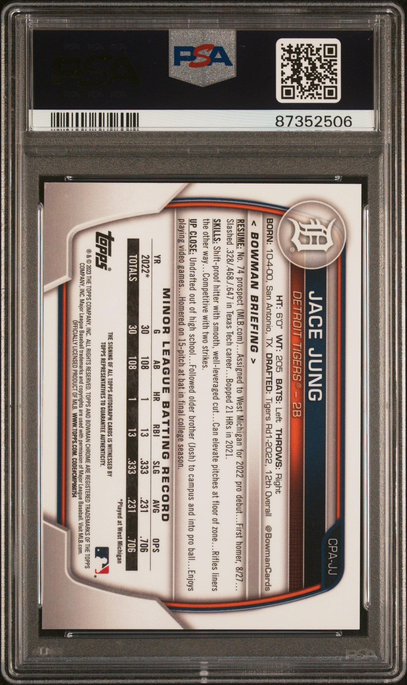 2023 Bowman #CPAJJ Jace Jung Chrome Prospect Autograph Blue Lunar Crater Refractor /150 PSA 9