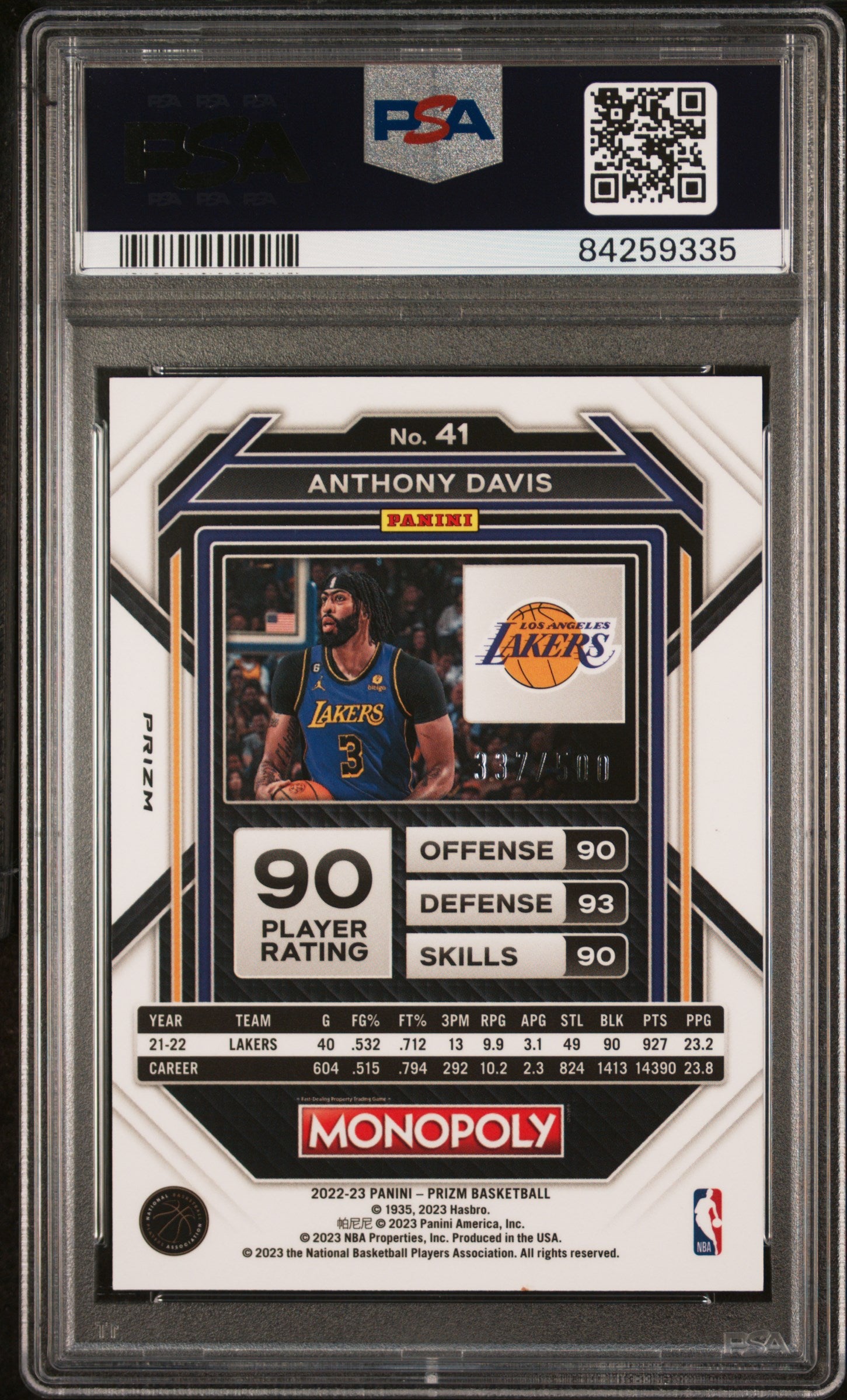 2022 Panini Prizm Monopoly #41 Anthony Davis Gold Money Shimmer Prizm /500 PSA 9