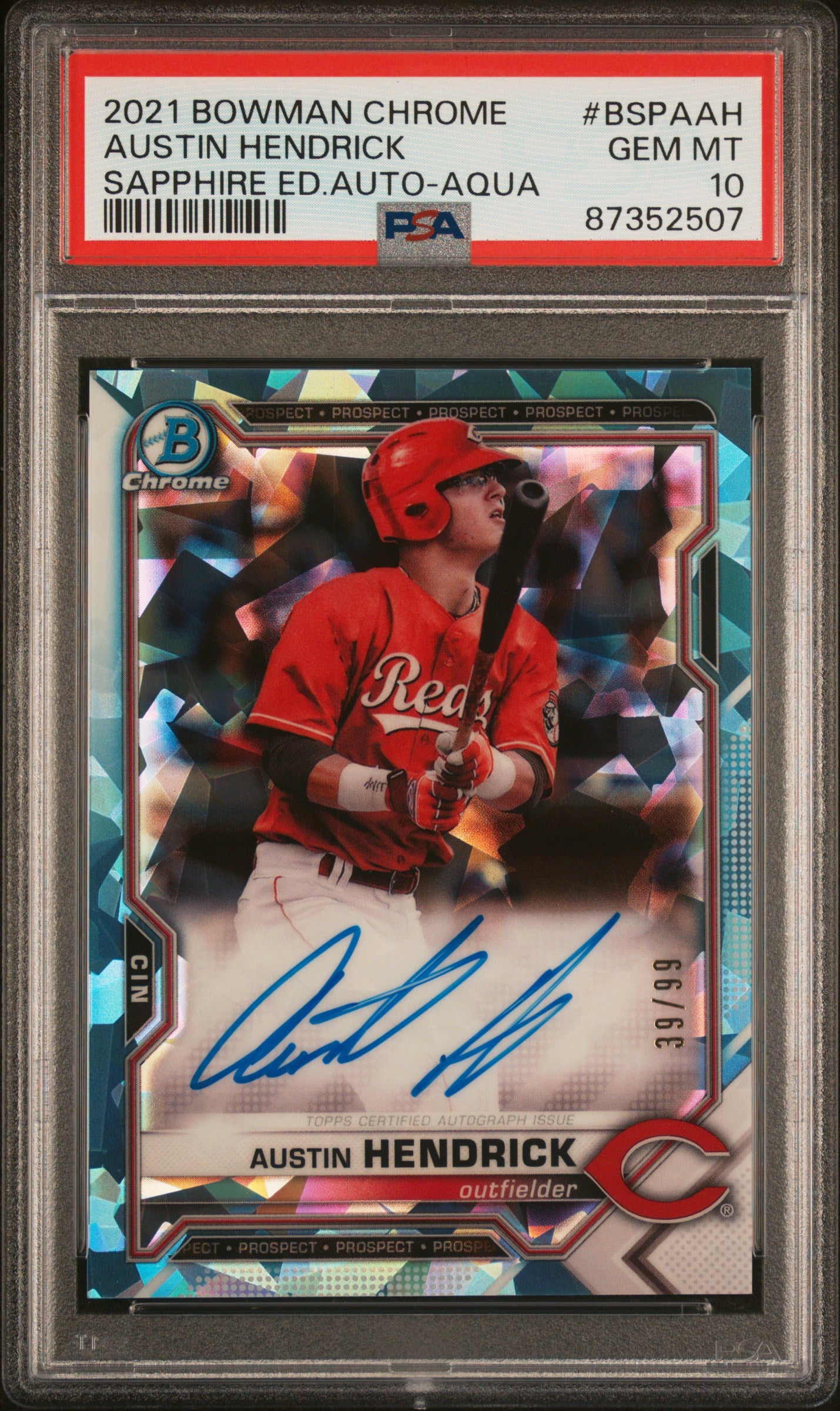 2021 Bowman Chrome Sapphire Edition Autographs #BSPAAH Austin Hendrick Aqua PSA 10