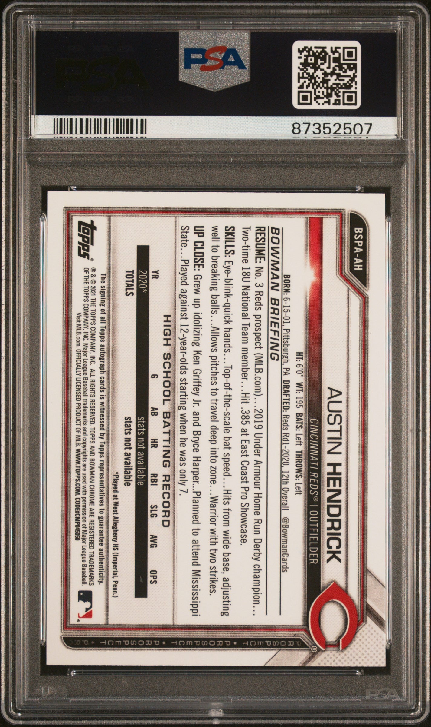 2021 Bowman Chrome Sapphire Aqua Austin Hendrick #BSPAAH Auto /99 PSA 10