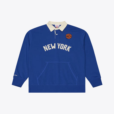 Mitchell & Ness New York Knicks Blue Retro Roots French Terry Fleece Polo Sweatshirt