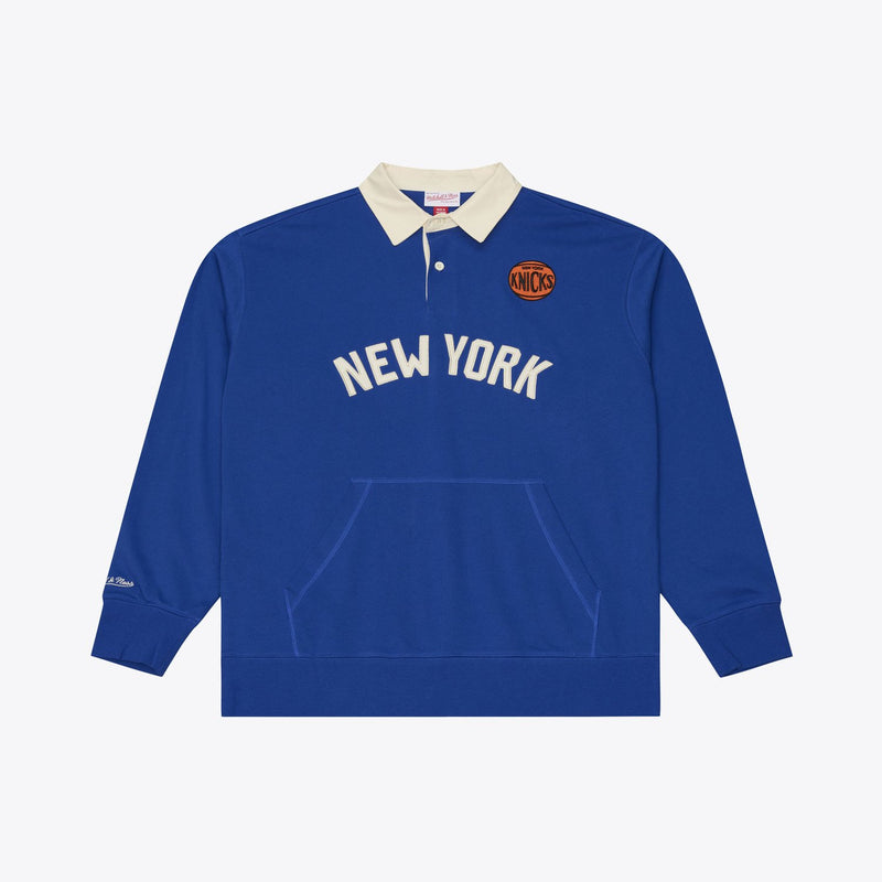Mitchell & Ness New York Knicks Blue Retro Roots French Terry Fleece Polo Sweatshirt