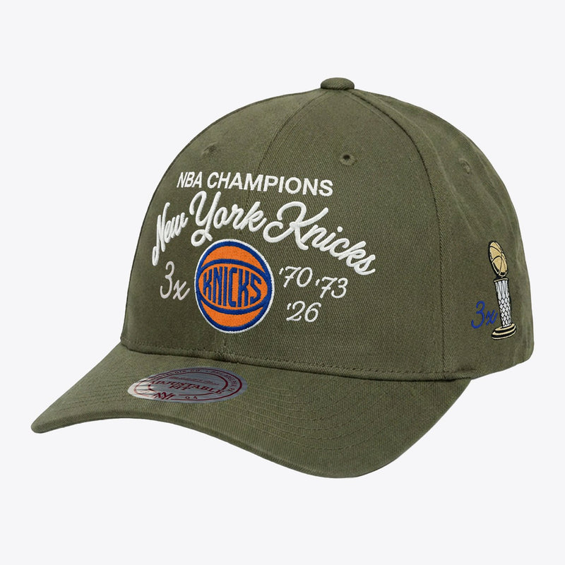 Mitchell & Ness New York Knicks Olive Three-Time NBA Finals Champions Script Low Pro Snapback Hat