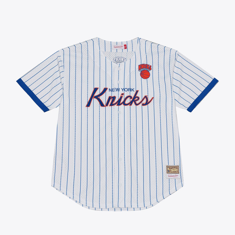 Mitchell & Ness New York Knicks White Head Coach Pinstripe Mesh Full-Button Baseball Jersey