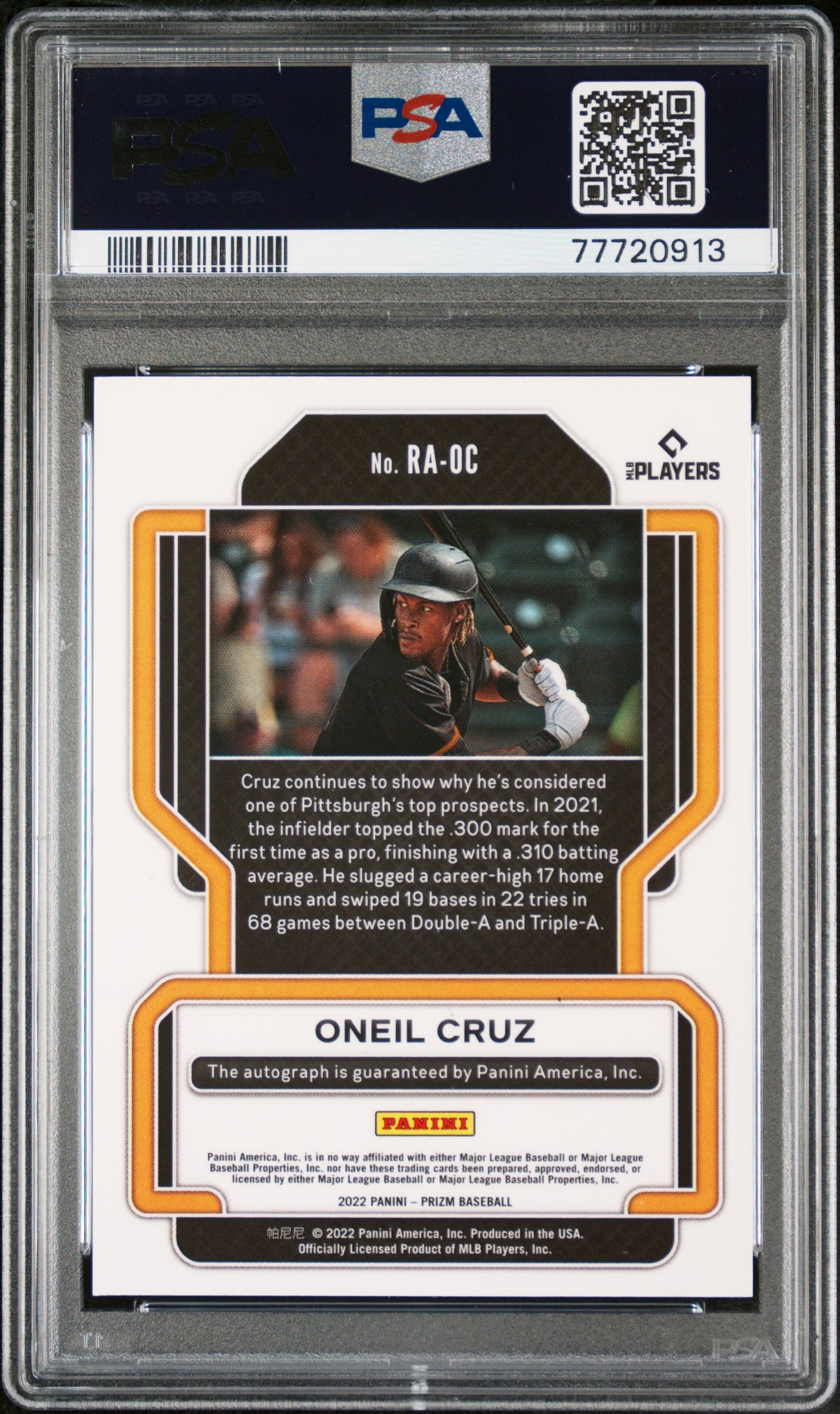 2022 Panini Prizm #44 Oneil Cruz Rookie Autograph PSA 9