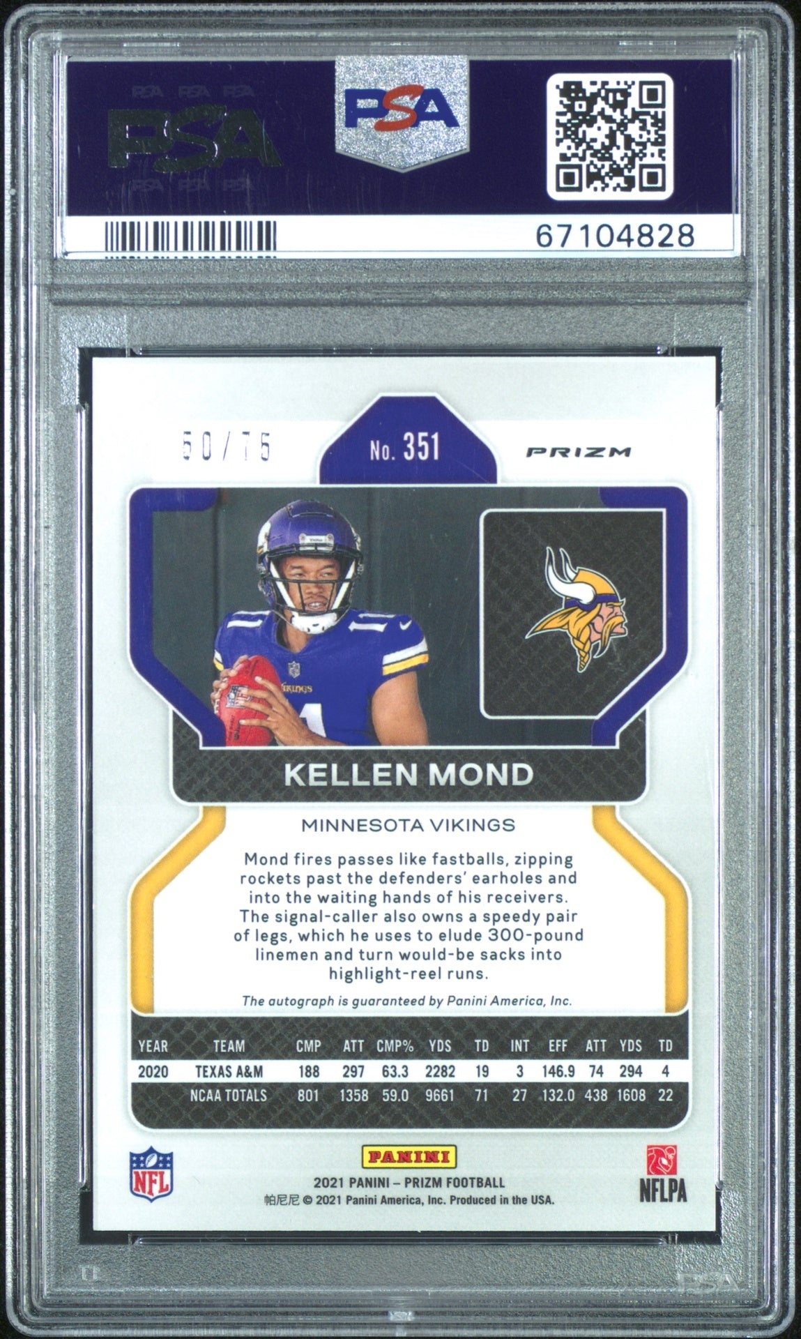 2021 Panini Prizm #351 Kellen Mond Rookie Autographs Green Scope Prizm /75 PSA 10