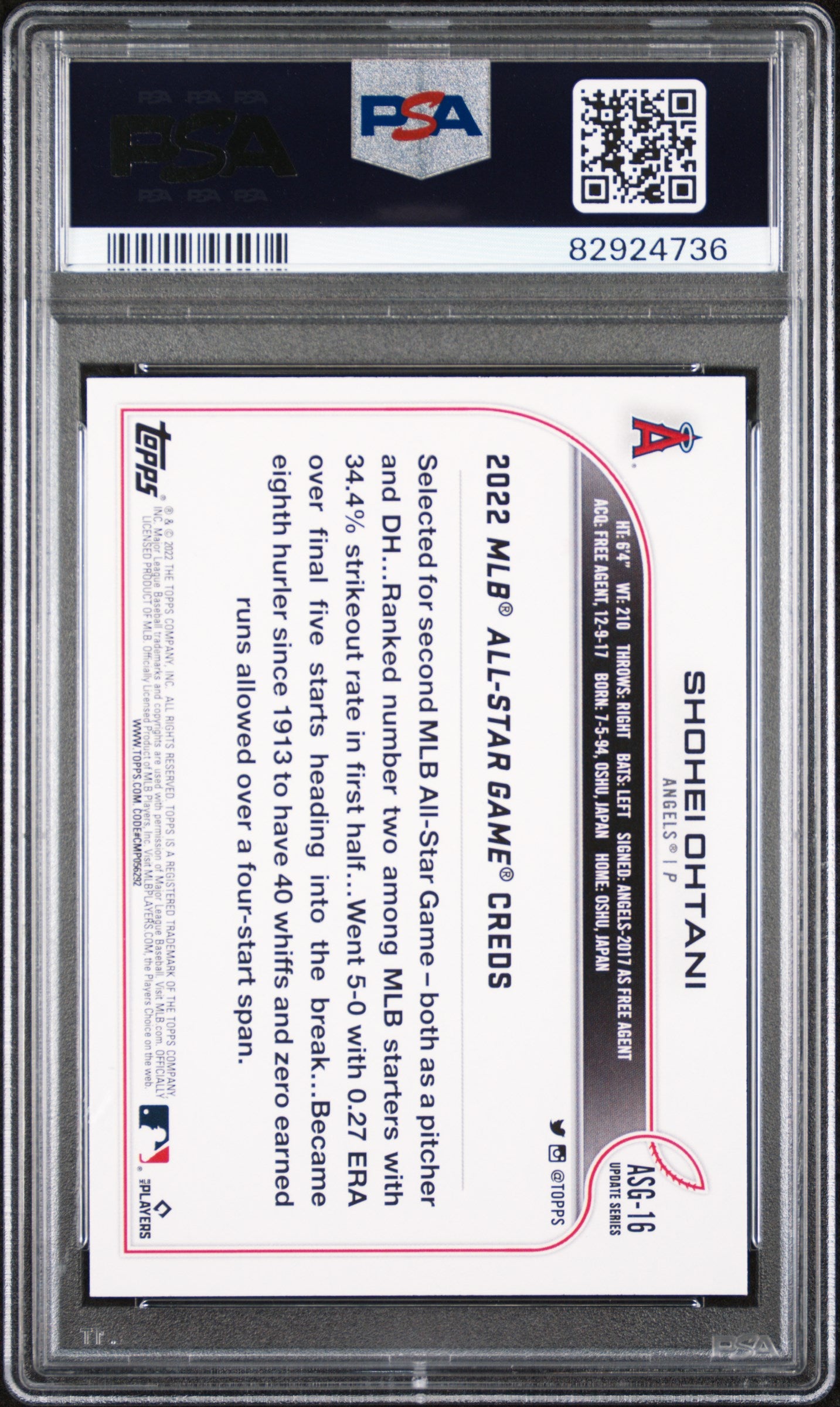 2022 Topps Update #ASG16 Shohei Ohtani MLB All-Star Game Blue PSA 8