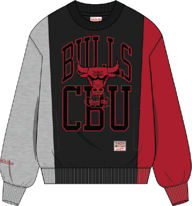 Mitchell & Ness Chicago Bulls Grey Heather Split 3 Crewneck Sweatshirt Sweater