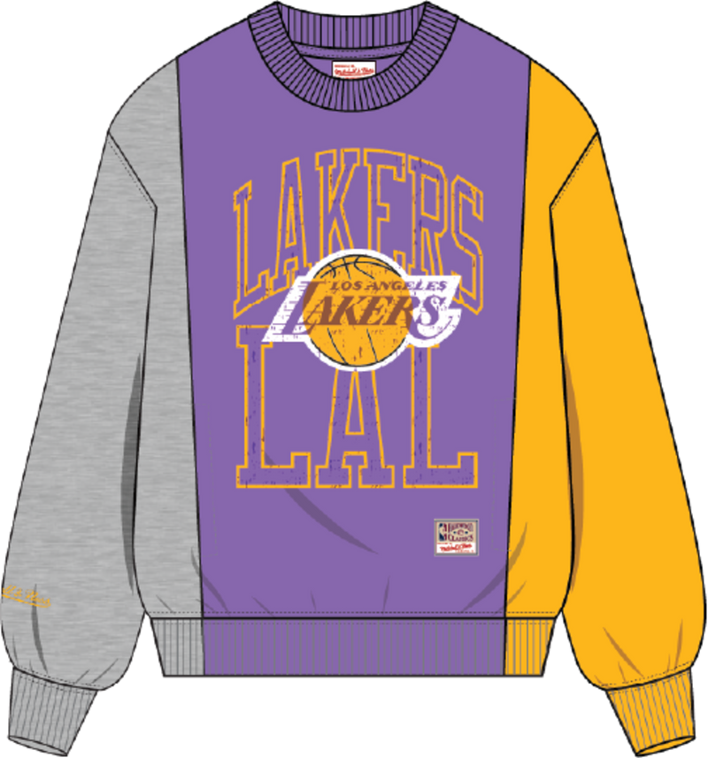 Mitchell & Ness Los Angeles Lakers Grey Heather Split 3 Crewneck Sweatshirt Sweater