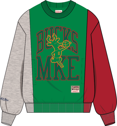 Mitchell & Ness Milwaukee Bucks Grey Heather Split 3 Crewneck Sweatshirt Sweater