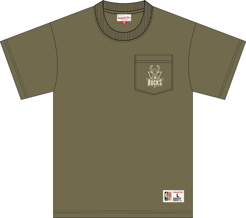 Mitchell & Ness Milwaukee Bucks Olive Mh Premium Pocket T-Shirt