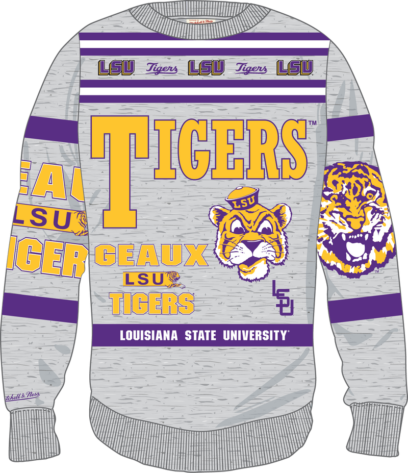 Mitchell & Ness LSU Tigers Grey Heather All Over Print Fleece Crewneck Sweatshirt