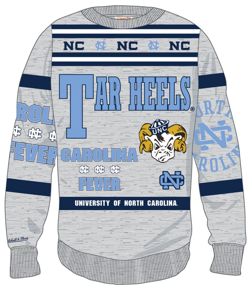 Mitchell & Ness North Carolina Tar Heels Grey Heather All Over Print Fleece Crew Sweatshirt