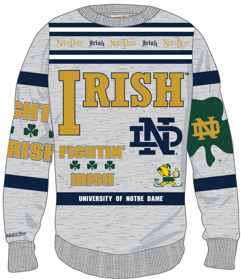 Mitchell & Ness Notre Dame Fighting Irish Grey Heather All Over Print Fleece Crew Sweatshirt