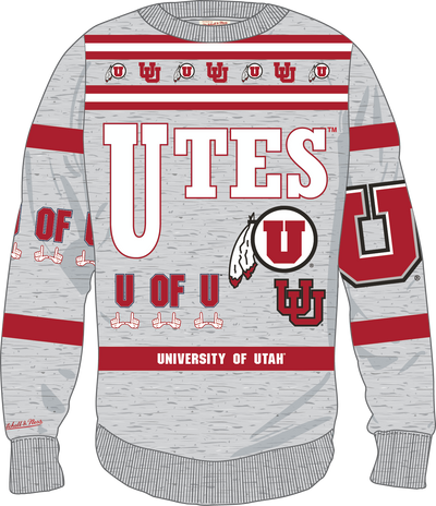 Mitchell & Ness University of Utah Grey Heather All Over Print Fleece Crew Sweatshirt Utes