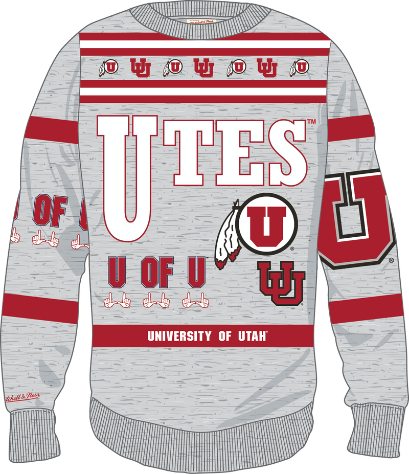 Mitchell & Ness University of Utah Grey Heather All Over Print Fleece Crew Sweatshirt Utes