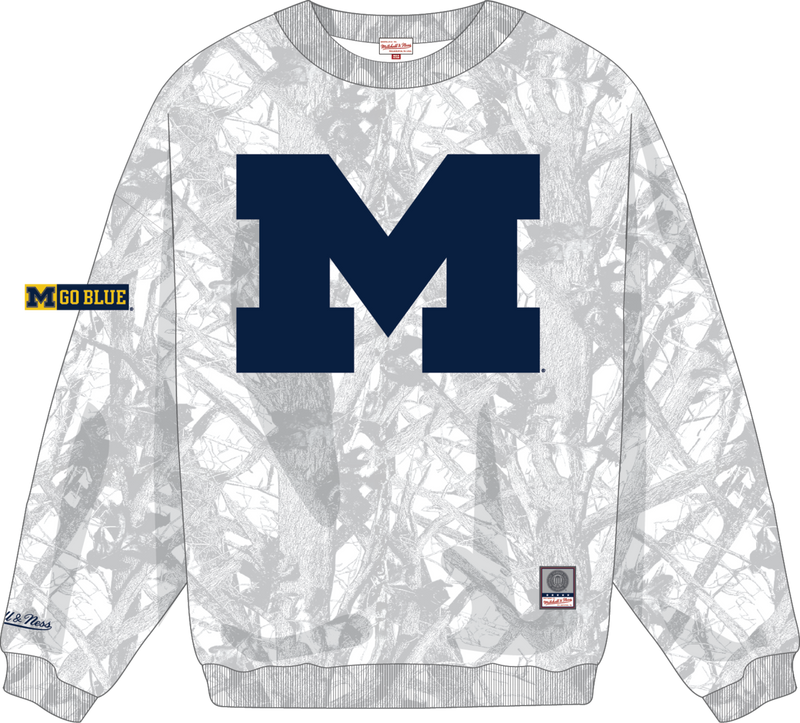 Mitchell & Ness University of Michigan White Ghosted Crewneck Sweatshirt Wolverines