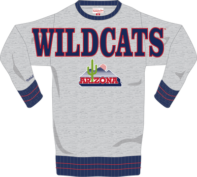 Mitchell & Ness University of Arizona Grey Heather Vintage Logo Full Field Satin Fleece Crew Sweatshirt Wildcats