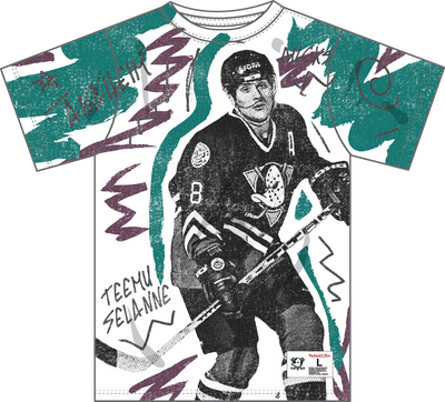 Mitchell & Ness Teemu Selanne Anaheim Ducks Multi/White Vintage Logo Showstopper Player T-Shirt