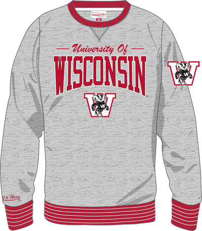 Mitchell & Ness Wisconsin Badgers Grey Heather Vintage Logo Throw It Back Fleece Crew Sweatshirt