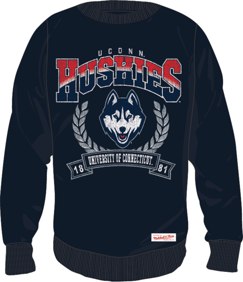 Mitchell & Ness University of Connecticut Navy Baseline Crew Sweatshirt Uconn Huskies