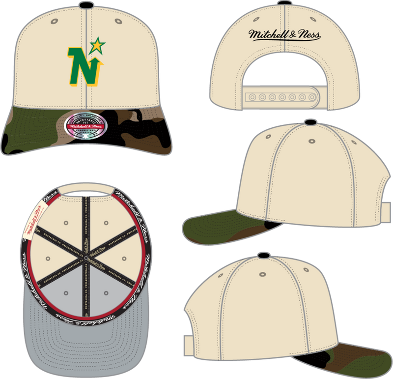 Mitchell & Ness Minnesota North Stars Cream & Camo Stretch Snapback Hat