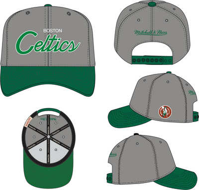 Mitchell & Ness Boston Celtics Grey Hardwood Classics Team Script 2.0 Pro Snapback Hat